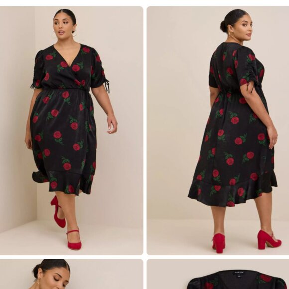 torrid Dresses & Skirts - Black red roses Midi Brushed Charmeuse Wrap Dress